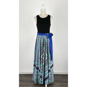 Eliza J Scarf Print Jersey Sleeveless Maxi Dress Womens Size 8 Petite Blue Black